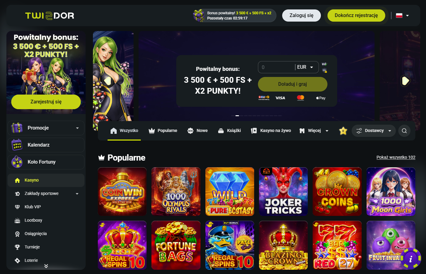 Zrzut ekranu strony Twindor Casino